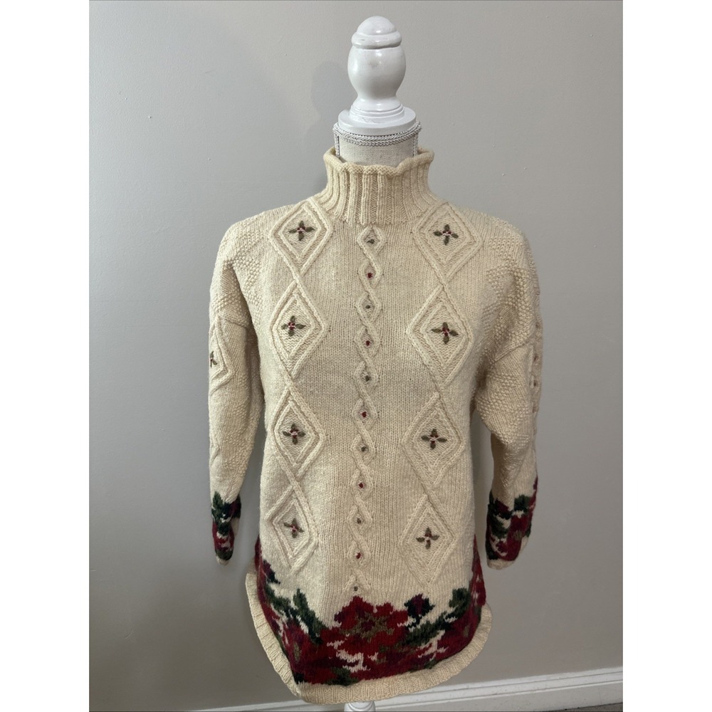 Vintage LL Bean Poinsettias Sweater Womens Med Beige Floral Wool Chunky‎ Sweater